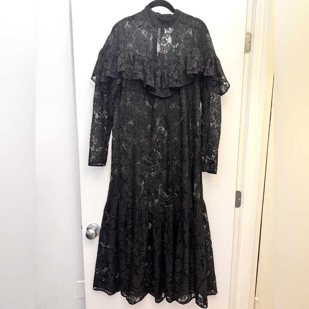 NWT H&M black ruffle long sleeve lace sheer maxi dress down gothic witchy M